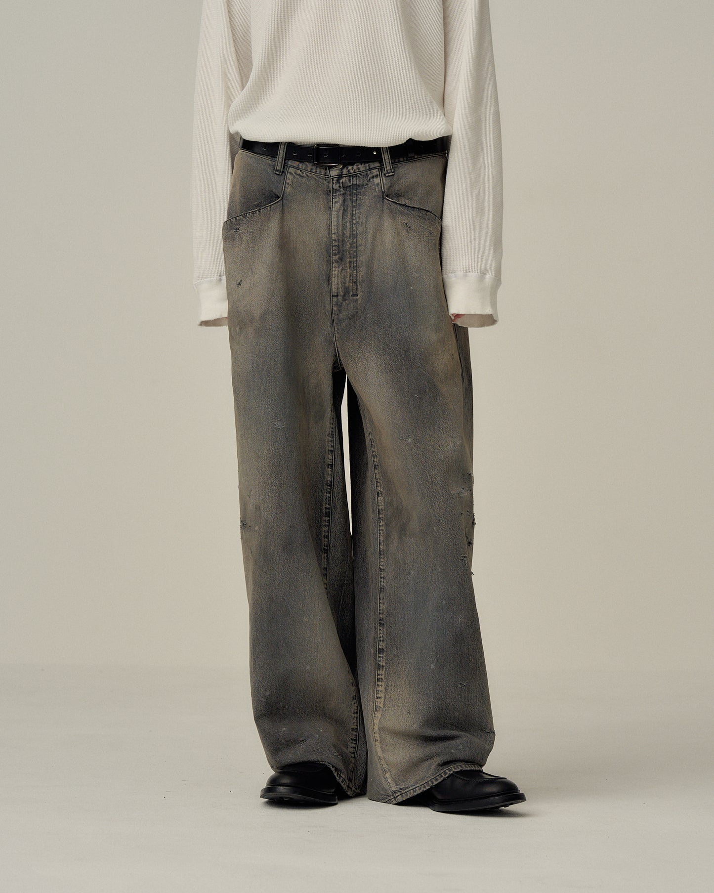 BUTTON STUD LEATHER BELT(BLACK)