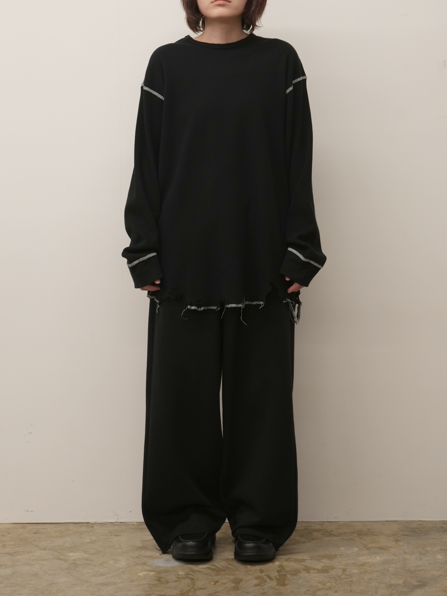 DAMAGE WAFFLE CREW LS T-SHIRT(BLACK)