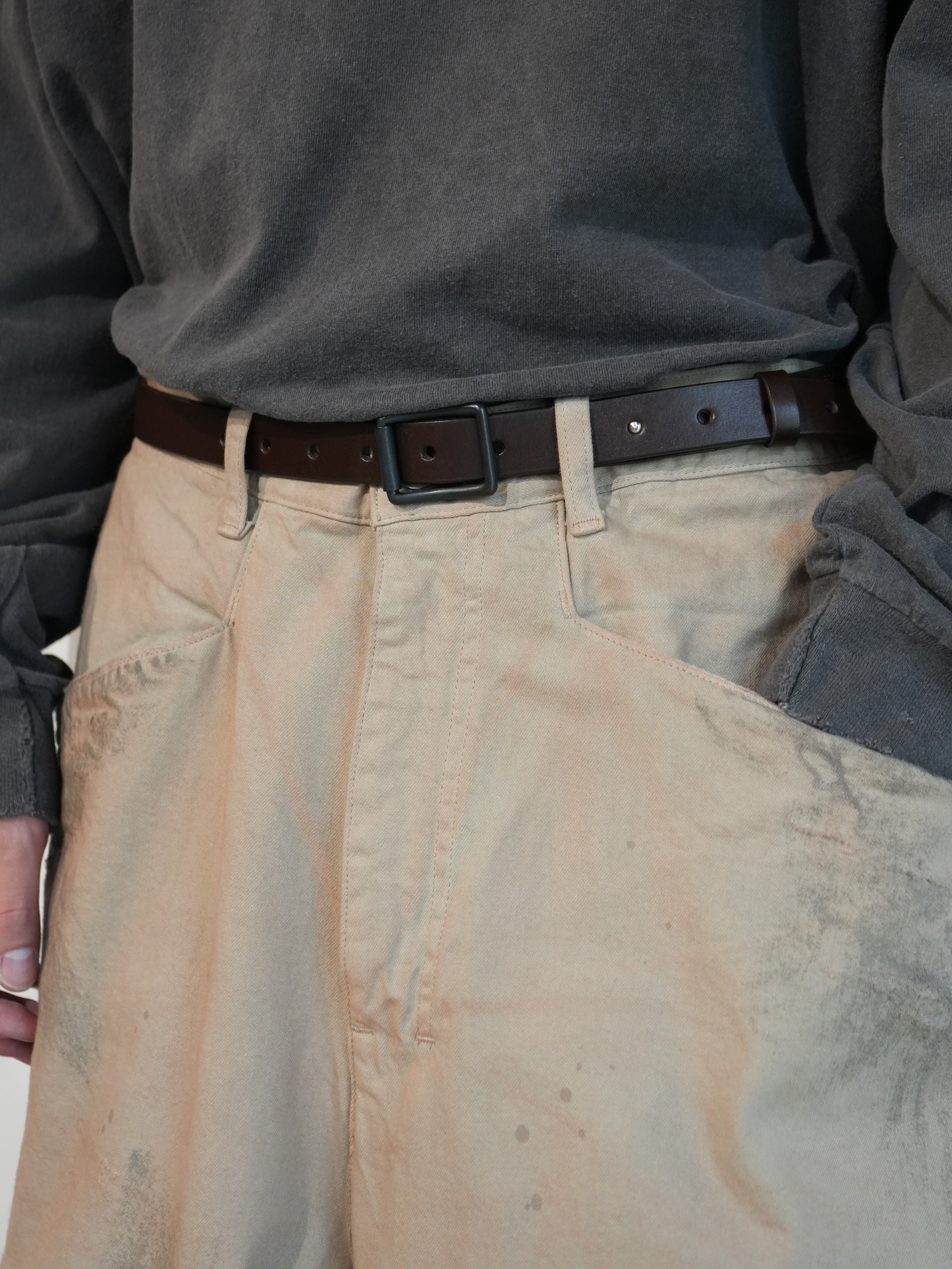 BUTTON STUD LEATHER BELT(BROWN)