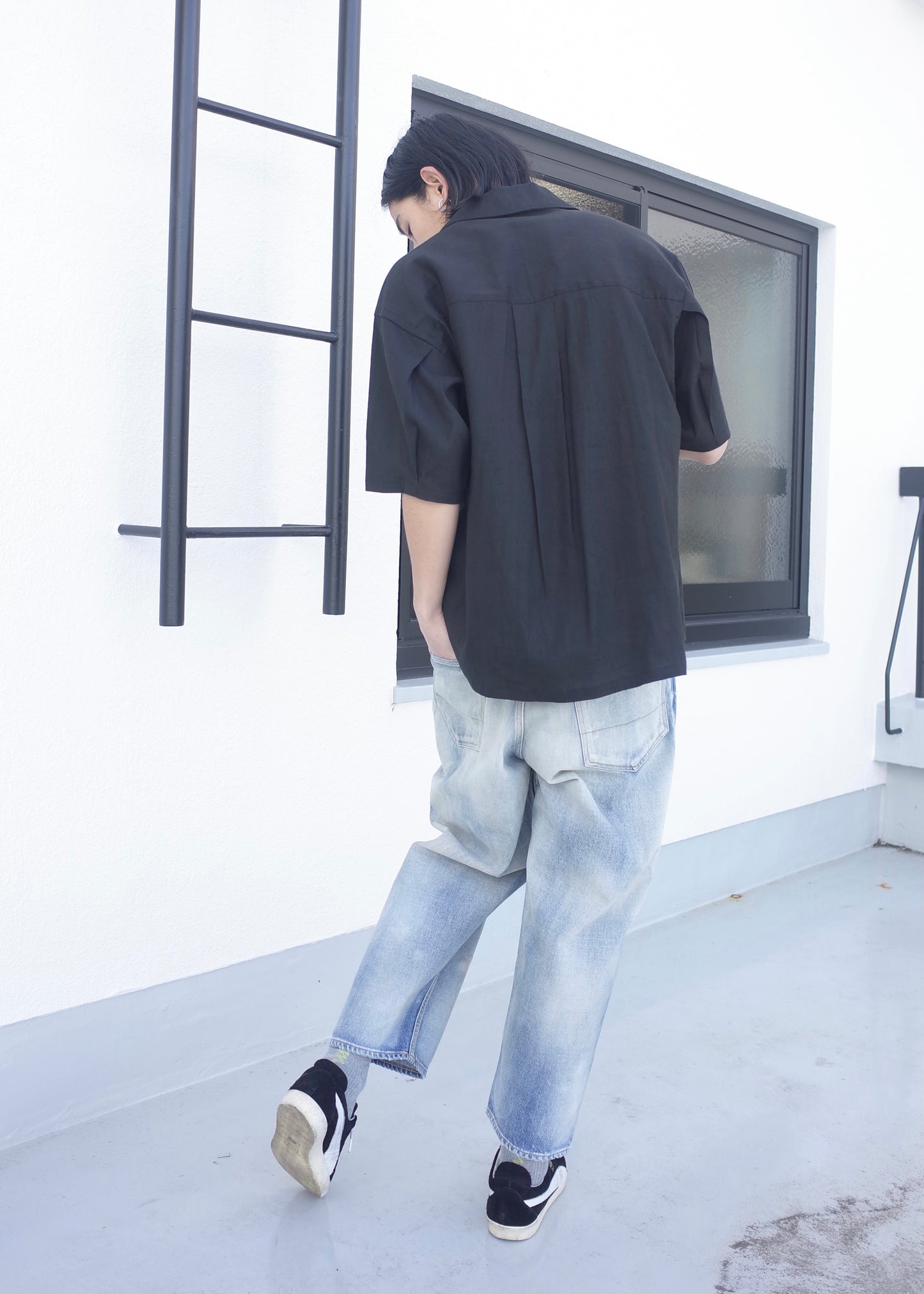 LINEN VISCOSE OPEN COLLAR PK SS SHIRT(BLACK)