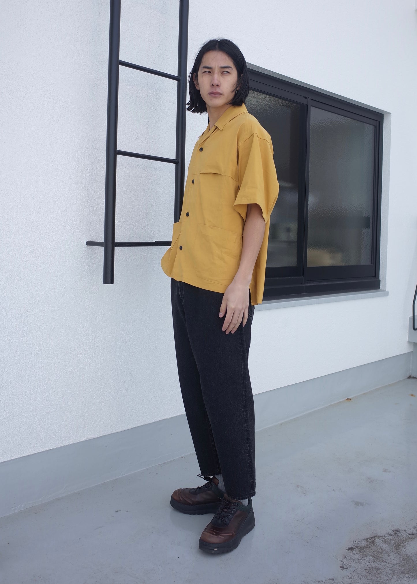 LINEN VISCOSE OPEN COLLAR PK SS SHIRT(YELLOW)