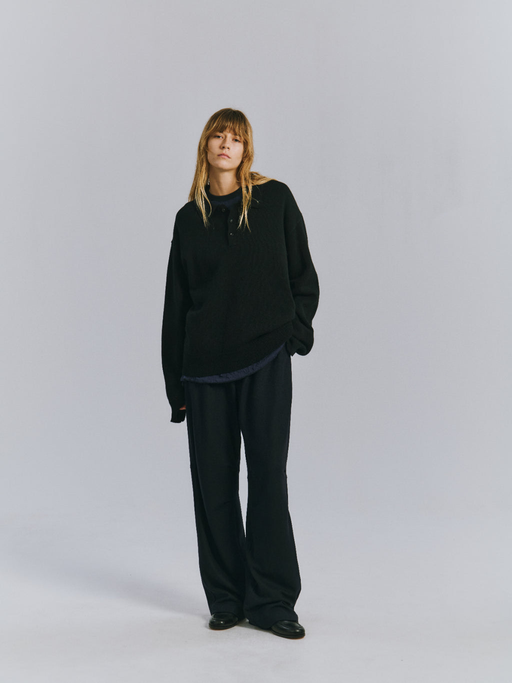 WOOL CUT KNEE TUCK SLACKS(NAVY)