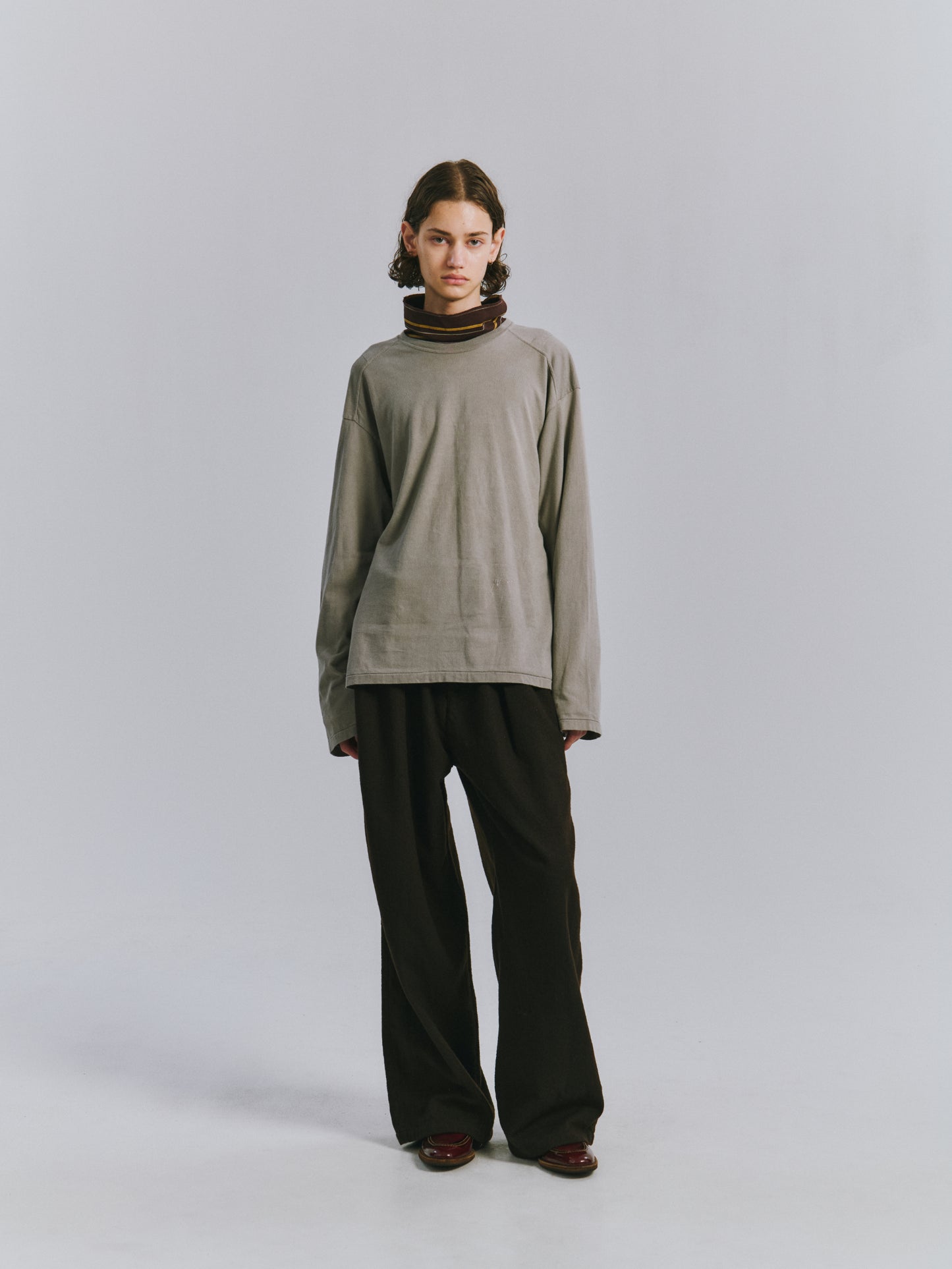 WOOL BELTED WIDE SLACKS(BROWN)