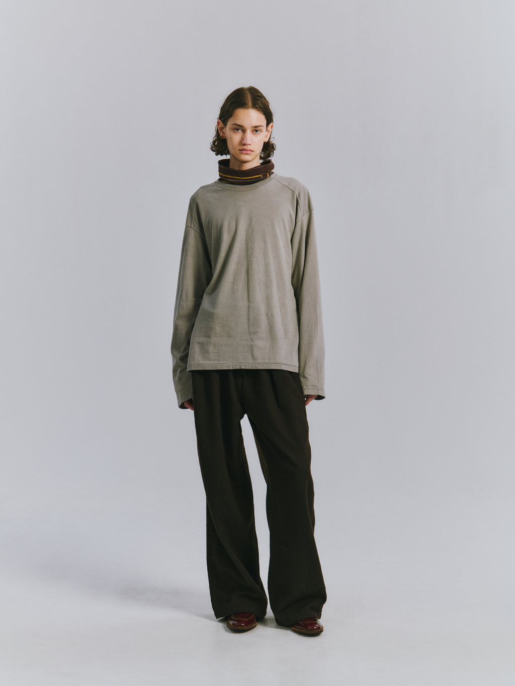WOOL BELTED WIDE SLACKS(BROWN)
