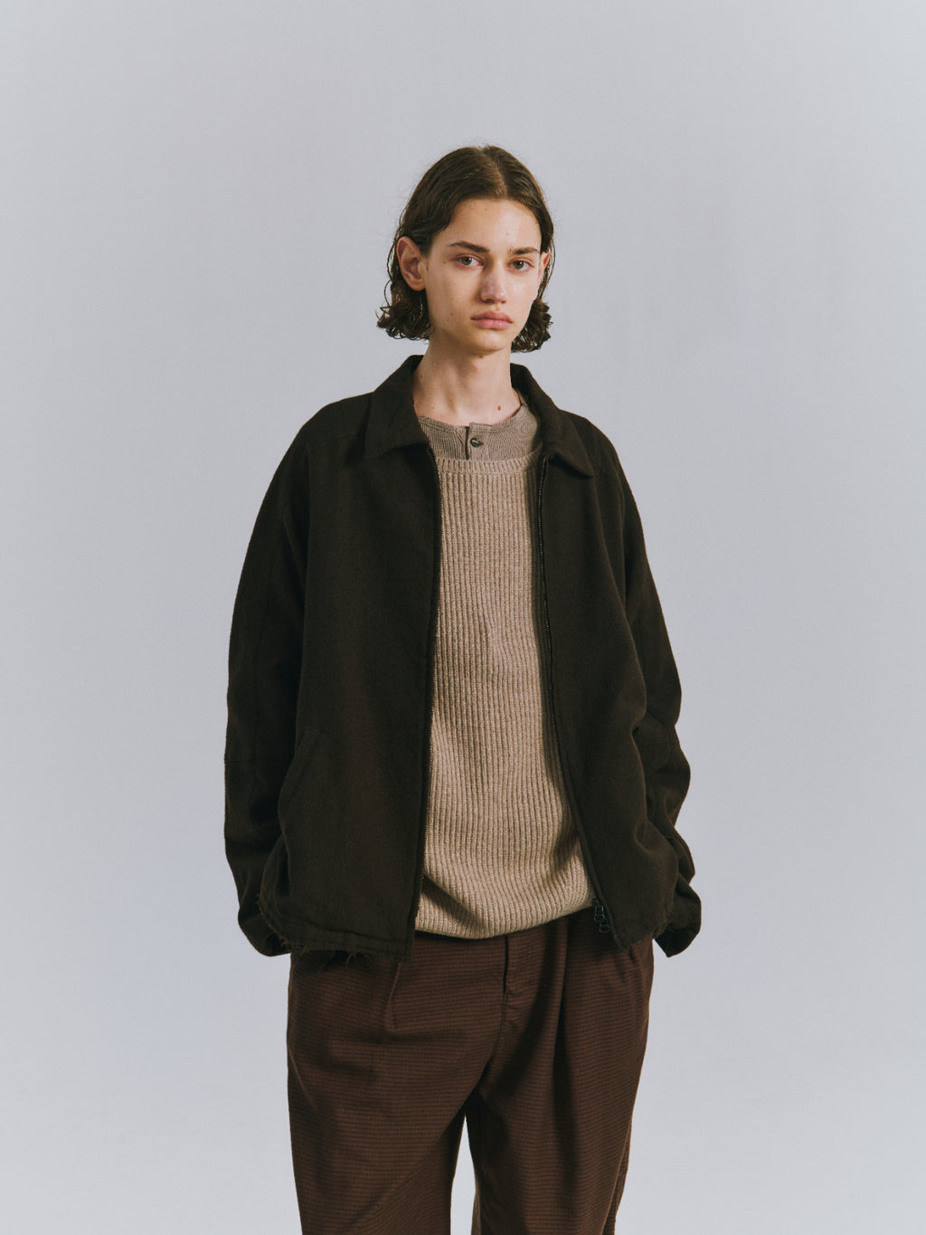SHRINK WOOL ZIP-UP SHIRT JACKET(BROWN)