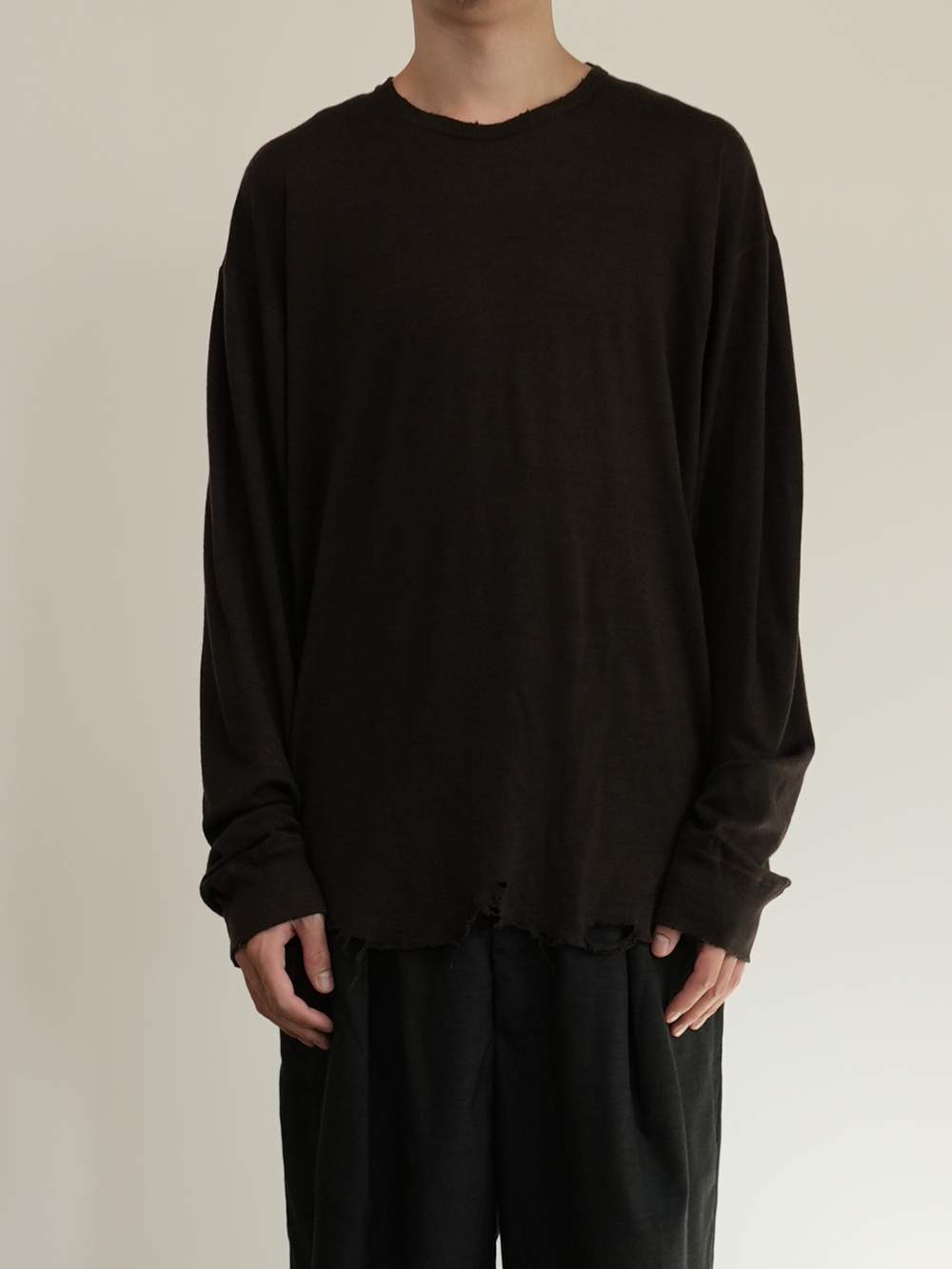 DAMAGE WOOL CREW LS T-SHIRT(BROWN)