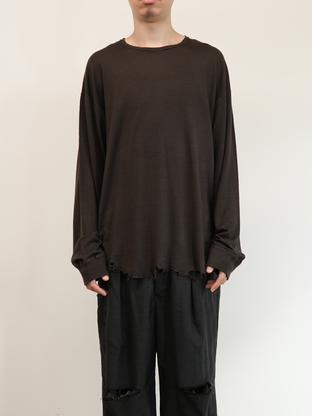 DAMAGE WOOL CREW LS T-SHIRT(BROWN)