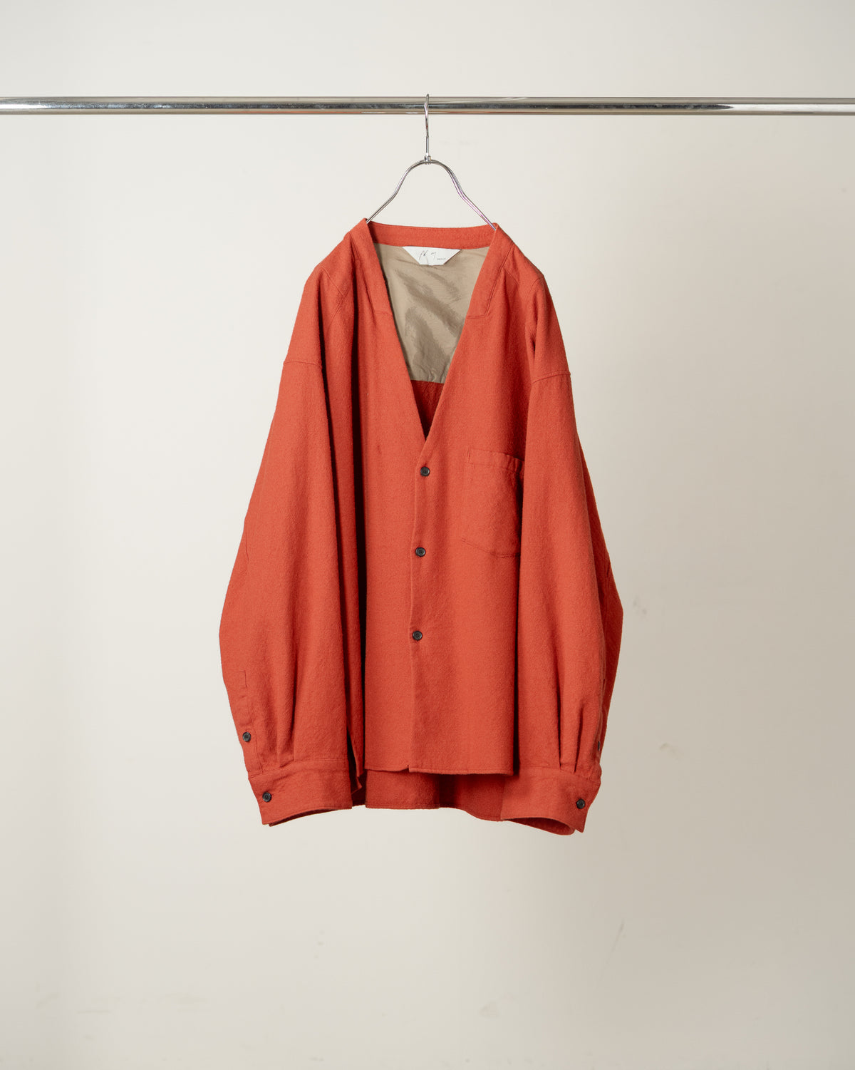 SHRINK WOOL NO-COLLAR TAILORED SHIRT(F.RED)