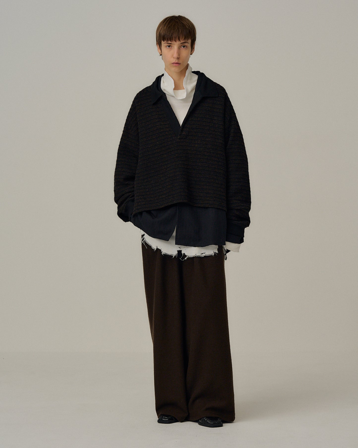 WOOL WIDE EASY TUCK SLACKS(D.BROWN)
