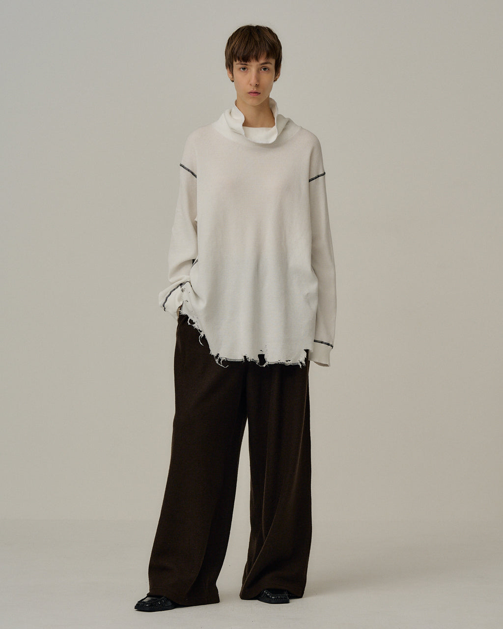 DAMAGE WAFFLE HI-NECK LS T-SHIRT(WHITE)