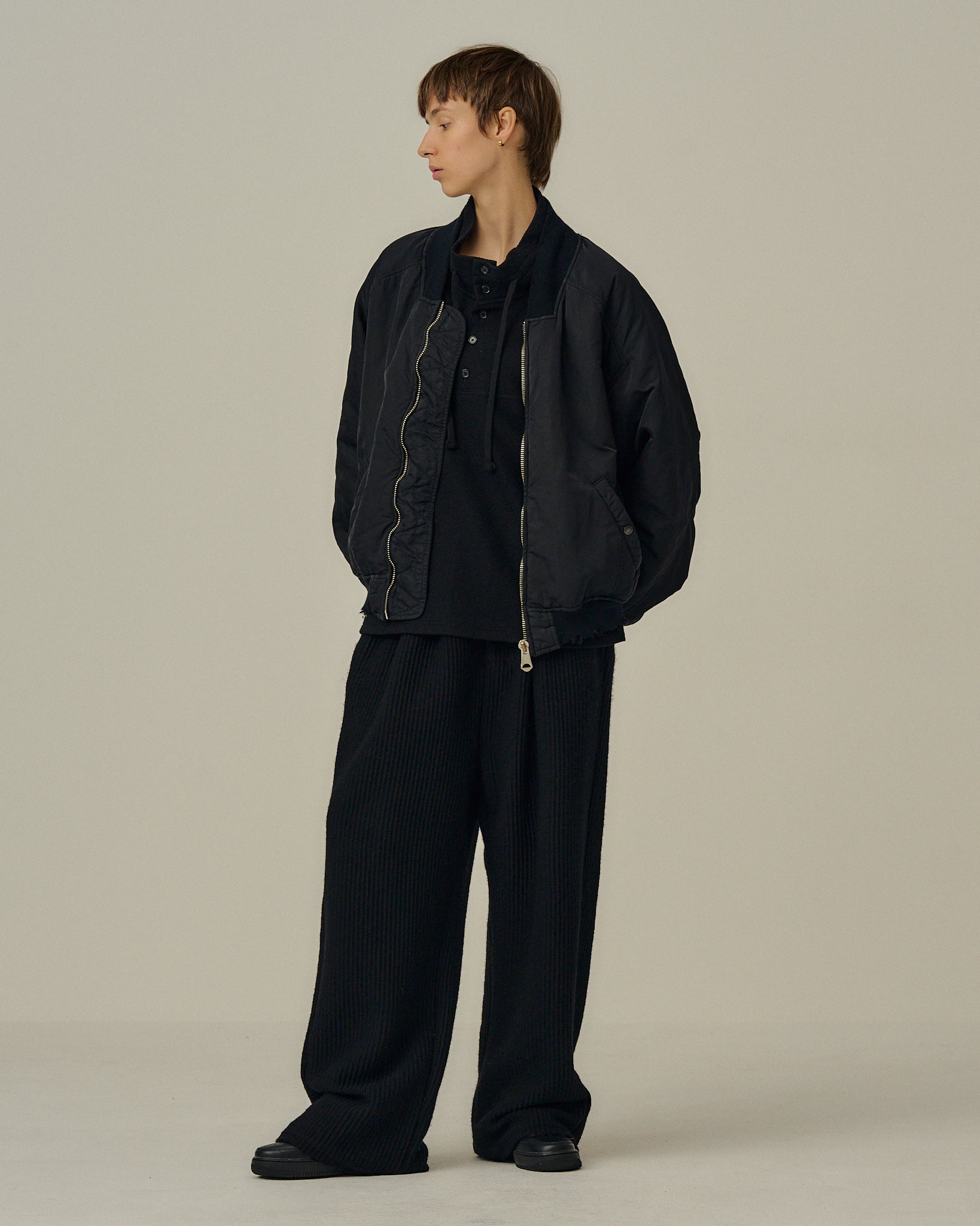 【サイズ1】ANCELLM WOOL PULL OVER SHIRT BLACK ANCELLM - WOOL HALF ZIP PULL OVER SHIRT | BLACK | ハーフジップ