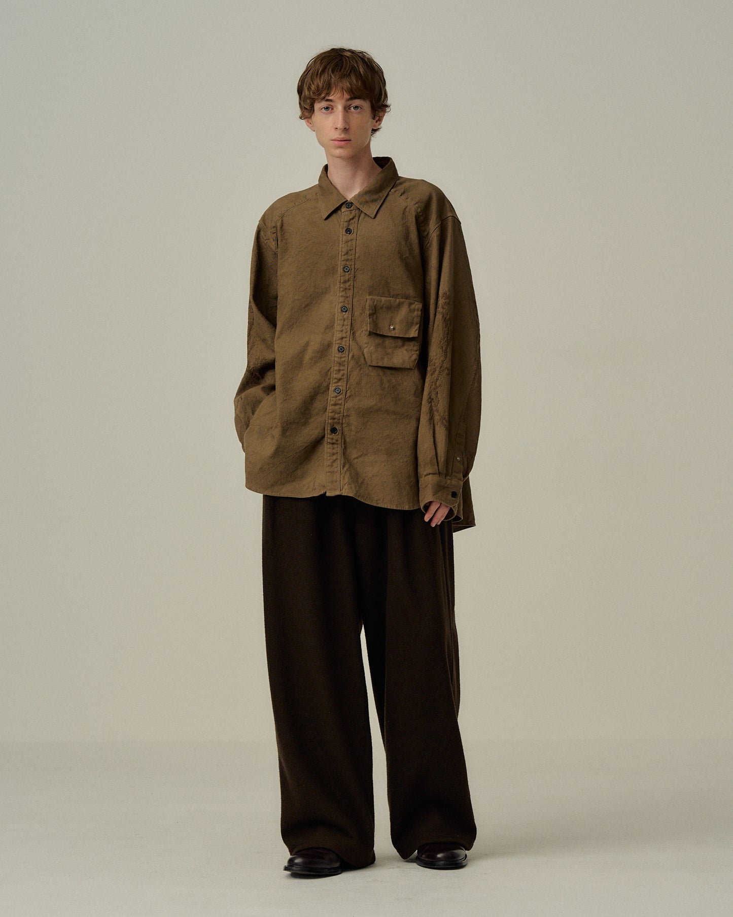 L/C NEP FLOWER EMBROIDERY OVER SHIRT(BROWN)