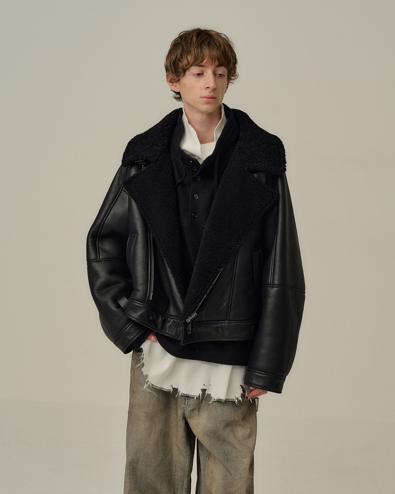 ムートンのみ j-24 MOUTON DOUBLE JACKET(BLACK×BLACK) – ANCELLM