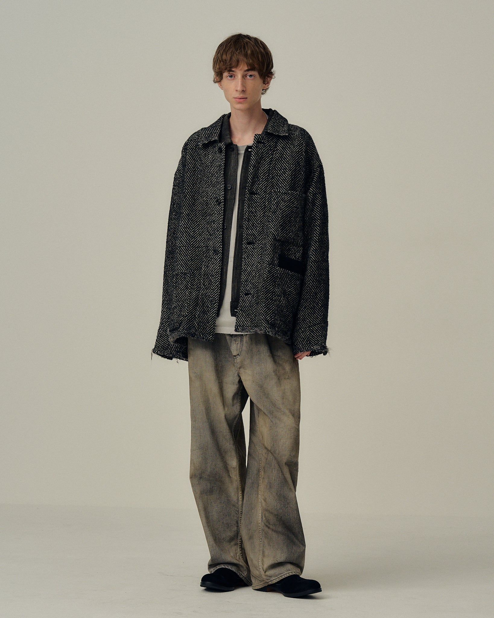 ANCELLM ダメージウールヘリンボーンカバーオール DAMAGE WOOL HERRINGBONE COVER ALL(WHITE×BLACK) – ANCELLM