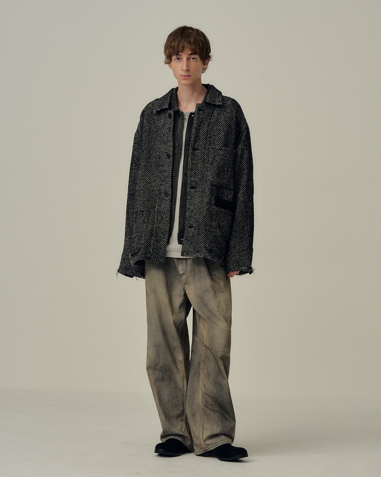 DAMAGE WOOL HERRINGBONE COVER ALL(WHITE×BLACK)