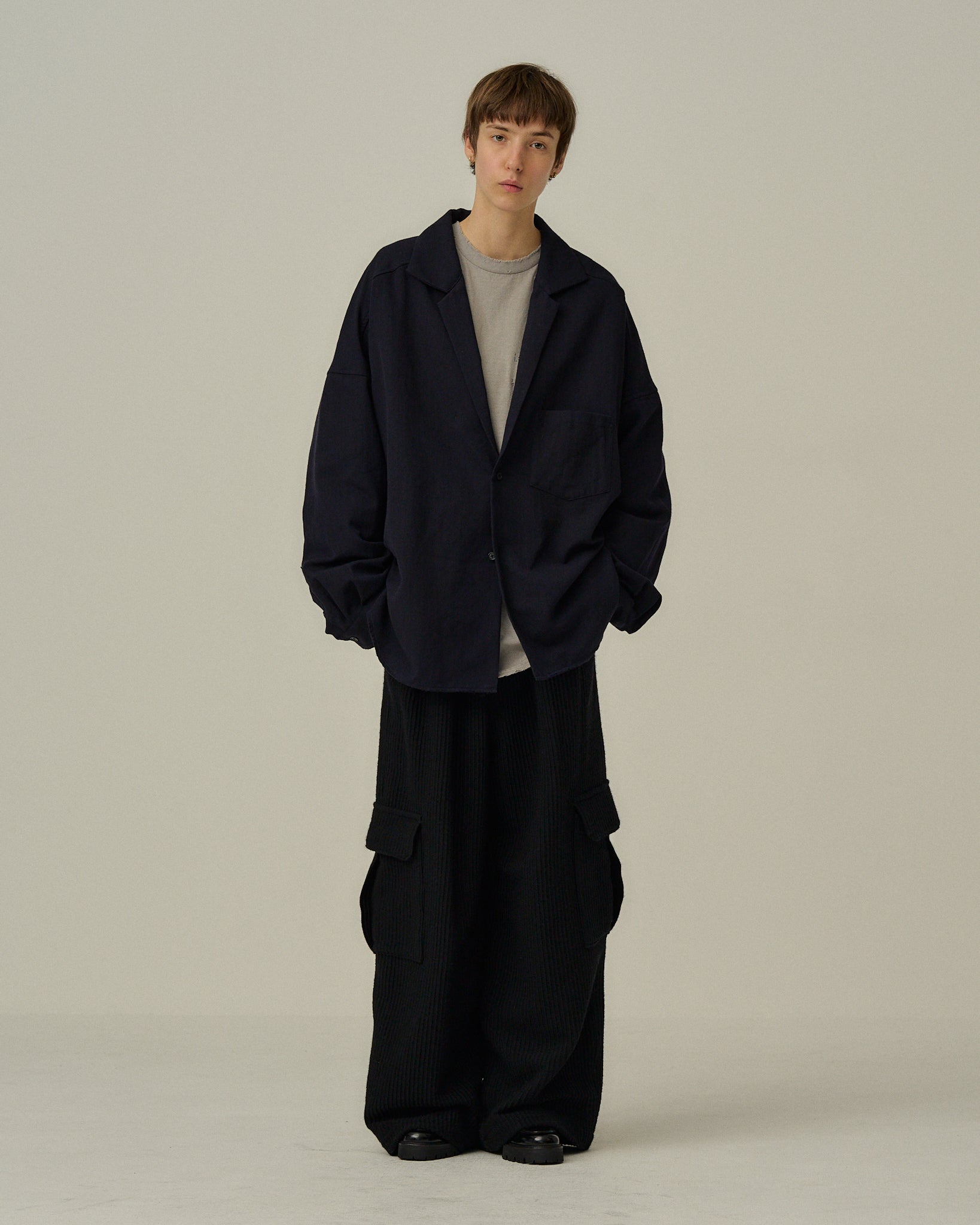 トップス ancellm WASH WOOL TAILORED SHIRT ANCELLM（アンセルム）】WASH WOOL TAILORED SHIRT -NAVY