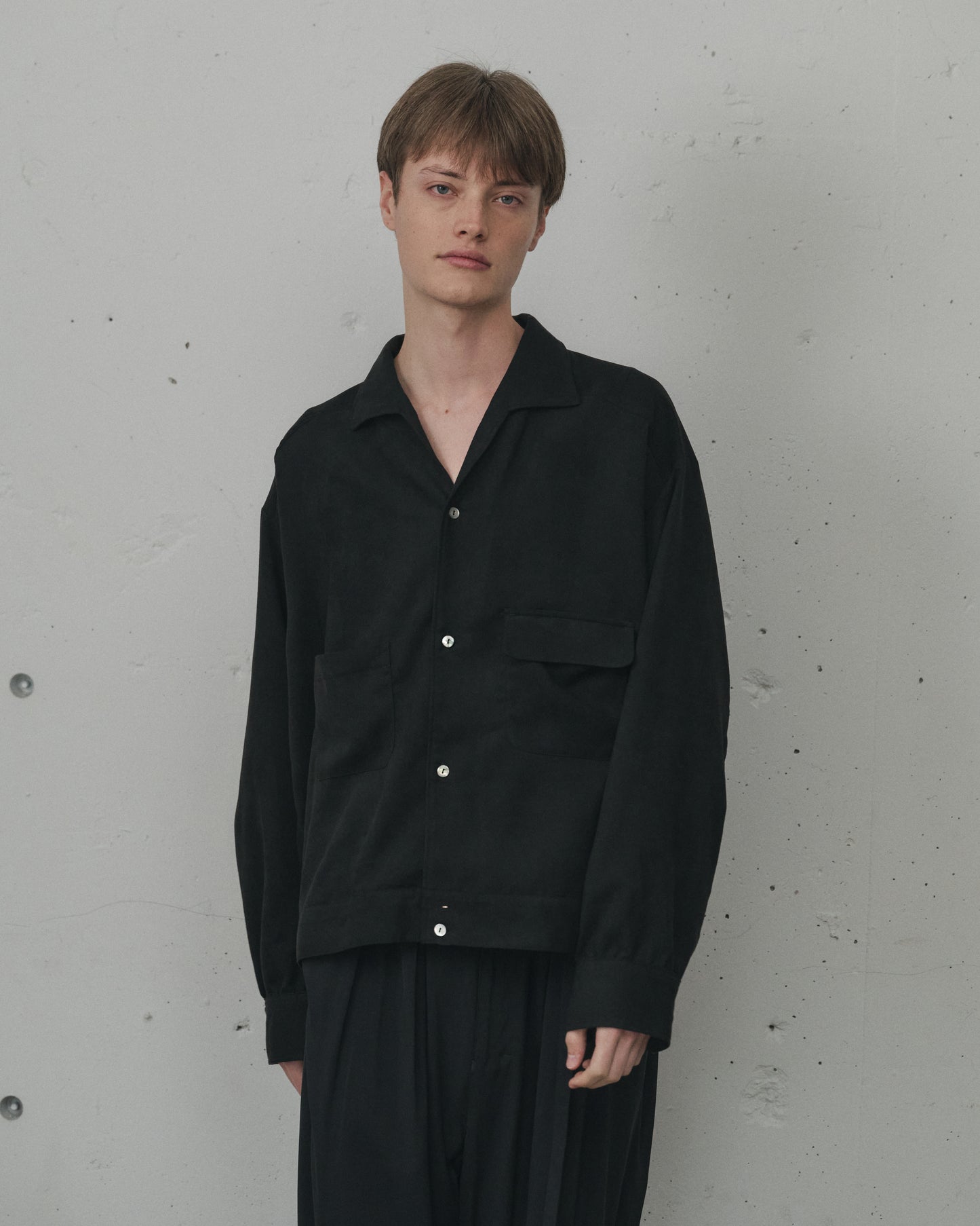 VEGAN SUEDE OPEN COLLAR SHIRT(BLACK)