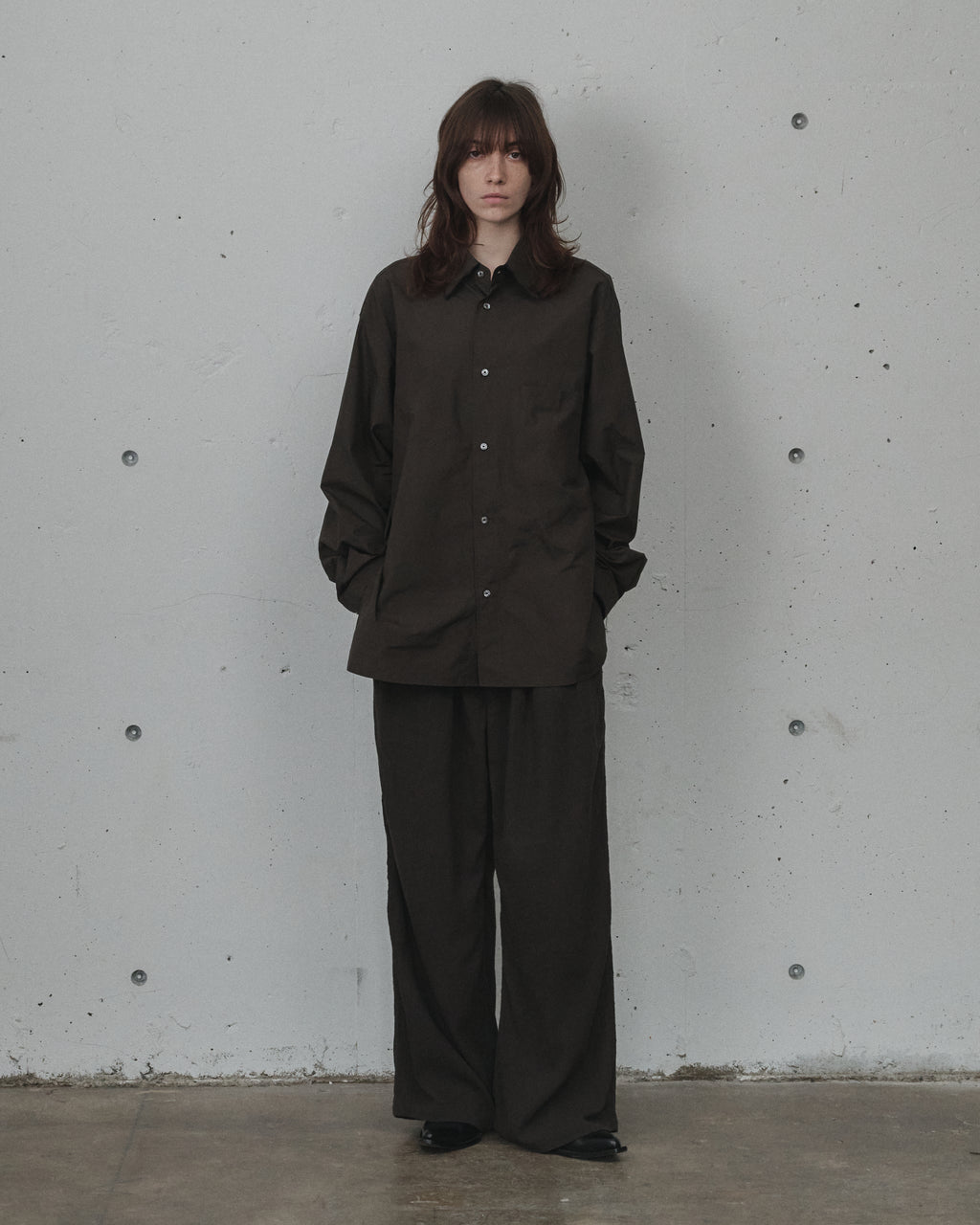 HIGH-COUNT FRAYED OVER SHIRT(BROWN)