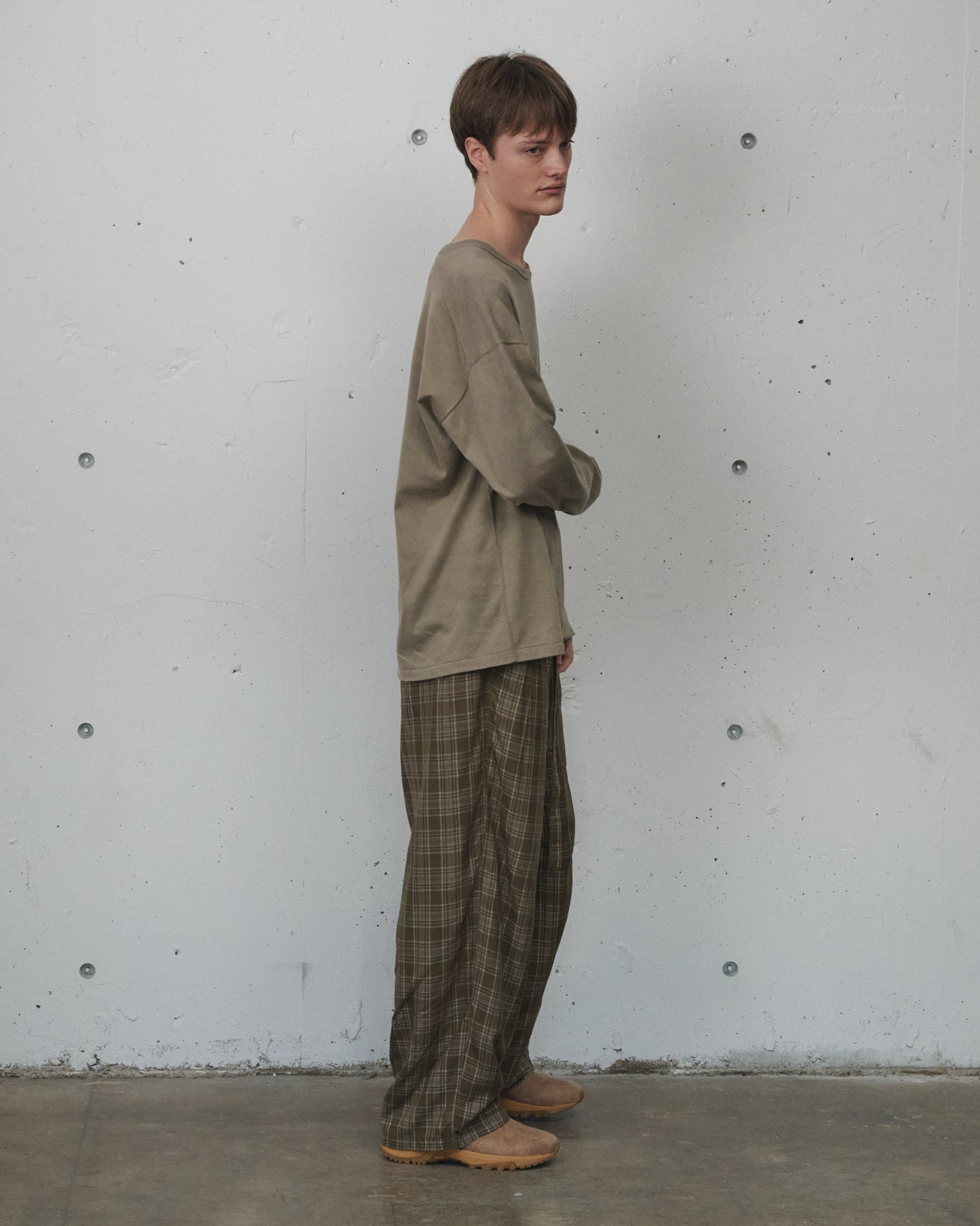 AGING CHECK BELT-LESS SLACKS(GREEN)