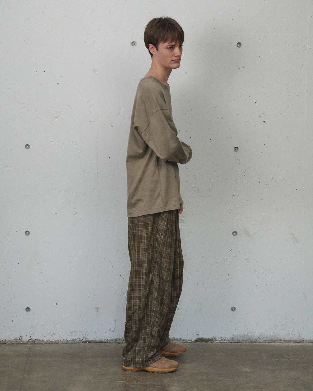 AGING CHECK BELT-LESS SLACKS(GREEN)