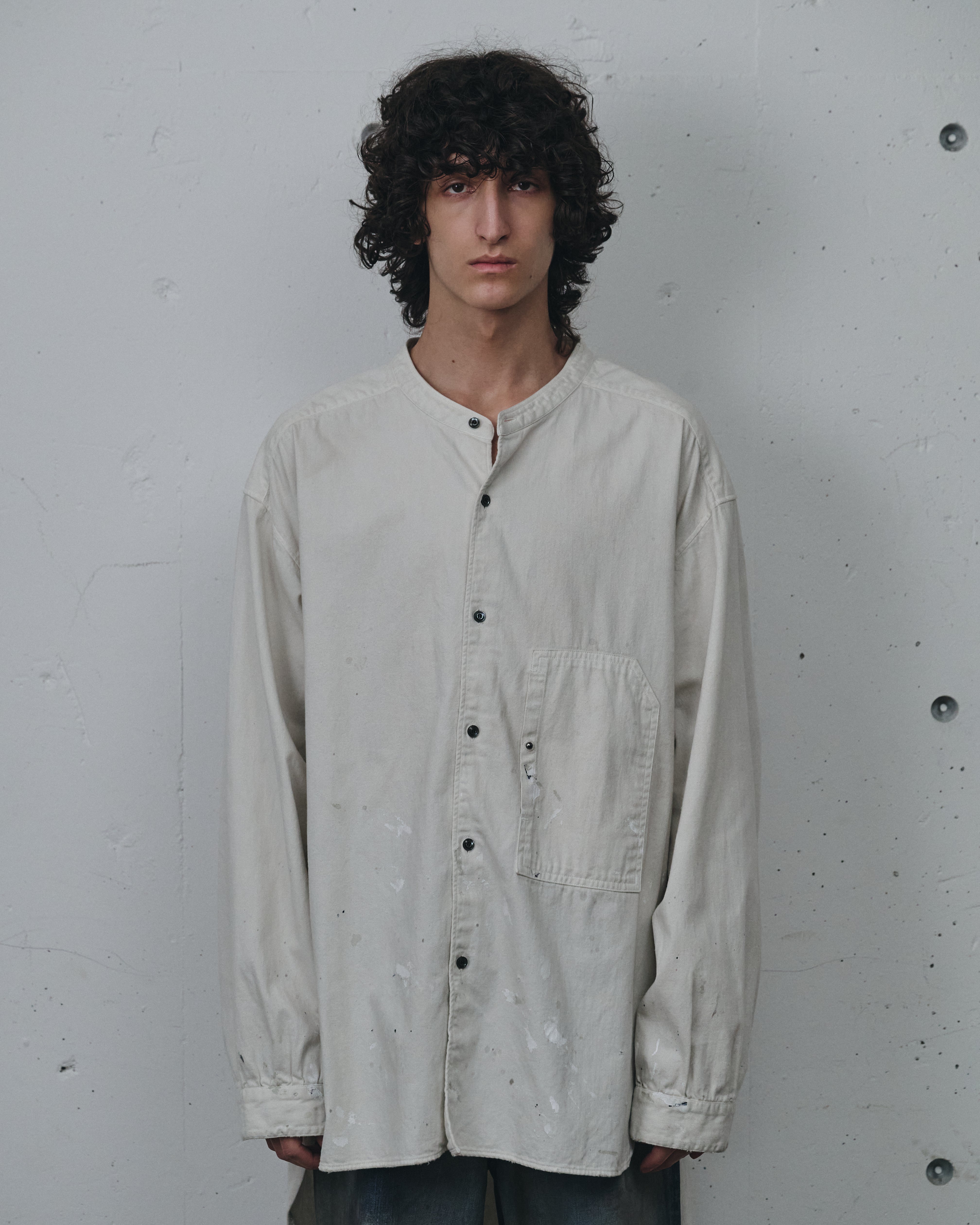 DENIM BAND COLLAR SHIRT(WHITE) – ANCELLM DENIM BAND COLLAR SHIRT(WHITE) – ANCELLM