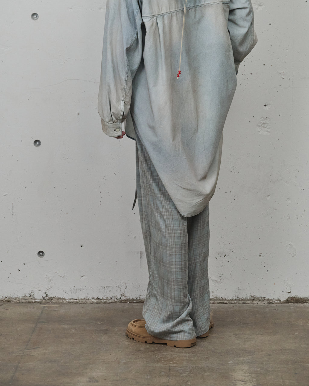 AGING CHECK BELT-LESS SLACKS(BLUE)