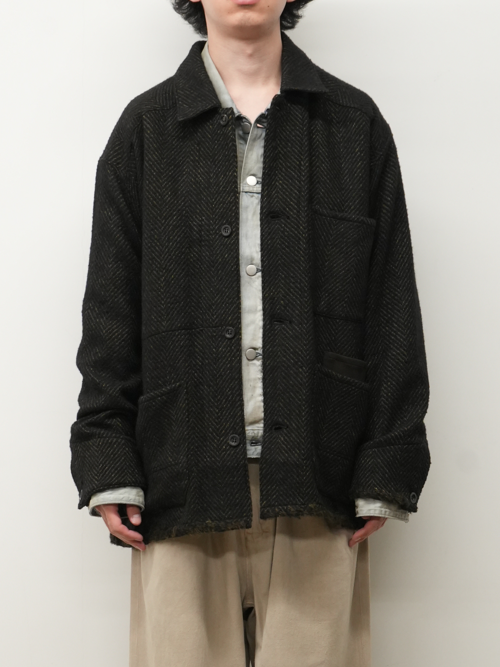 DAMAGE WOOL HERRINGBONE COVER ALL(BROWN×BLACK) – ANCELLM DAMAGE WOOL HERRINGBONE COVER ALL(BROWN×BLACK) – ANCELLM