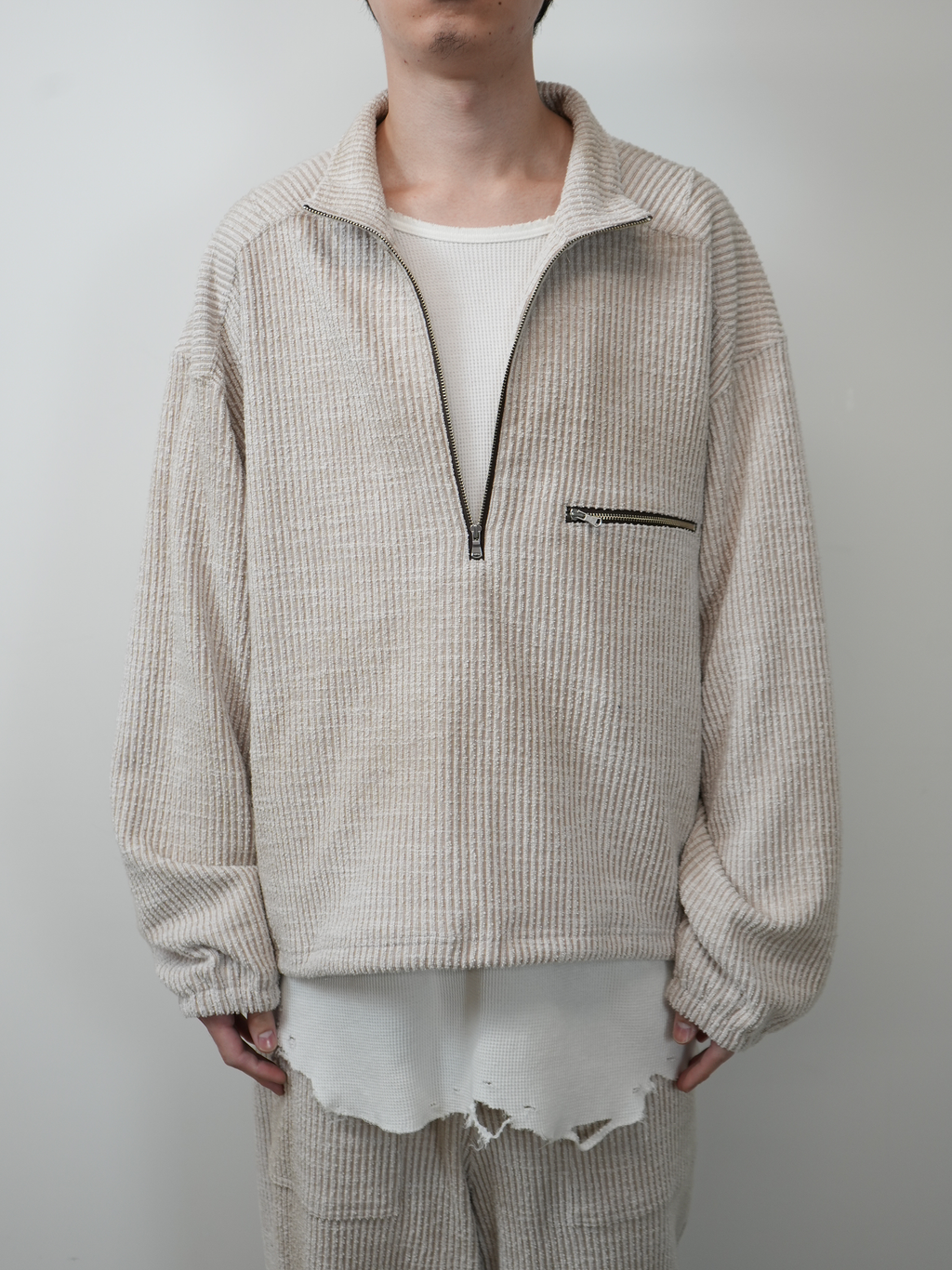 CUT STRIPE HALF ZIP PULL OVER SHIRT(BEIGE) – ANCELLM CUT STRIPE HALF ZIP PULL OVER SHIRT(BEIGE) – ANCELLM