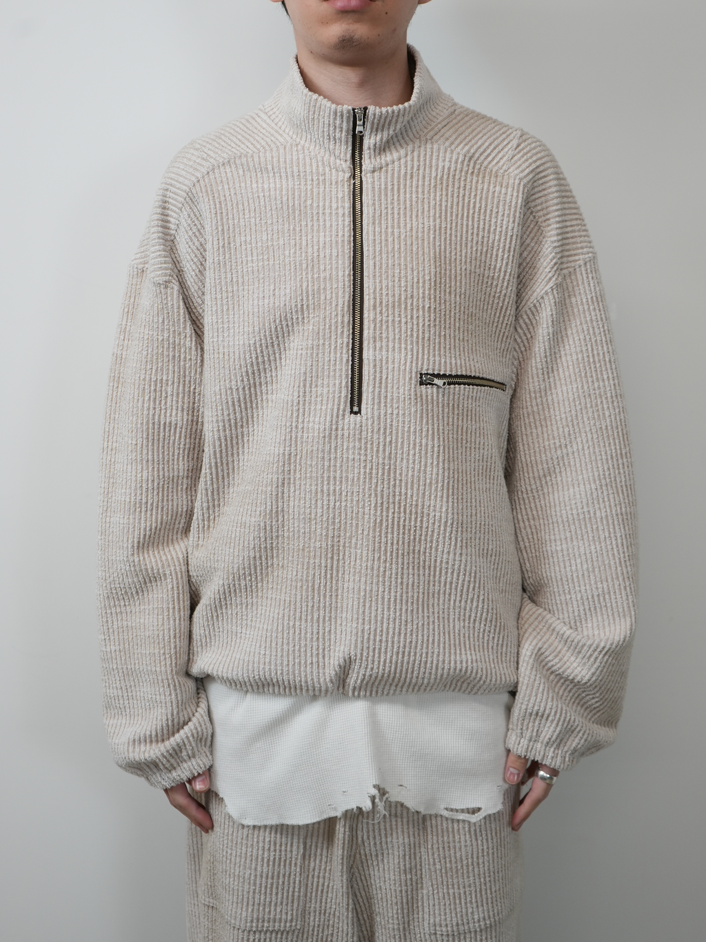 CUT STRIPE HALF ZIP PULL OVER SHIRT(BEIGE) – ANCELLM CUT STRIPE HALF ZIP PULL OVER SHIRT(BEIGE) – ANCELLM
