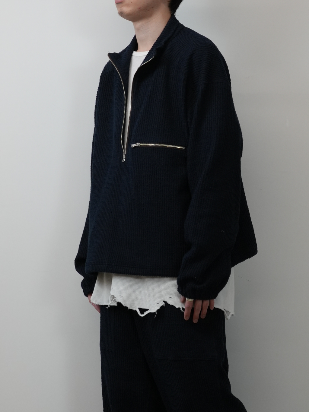 CUT STRIPE HALF ZIP PULL OVER SHIRT(NAVY) – ANCELLM CUT STRIPE HALF ZIP PULL OVER SHIRT(NAVY) – ANCELLM