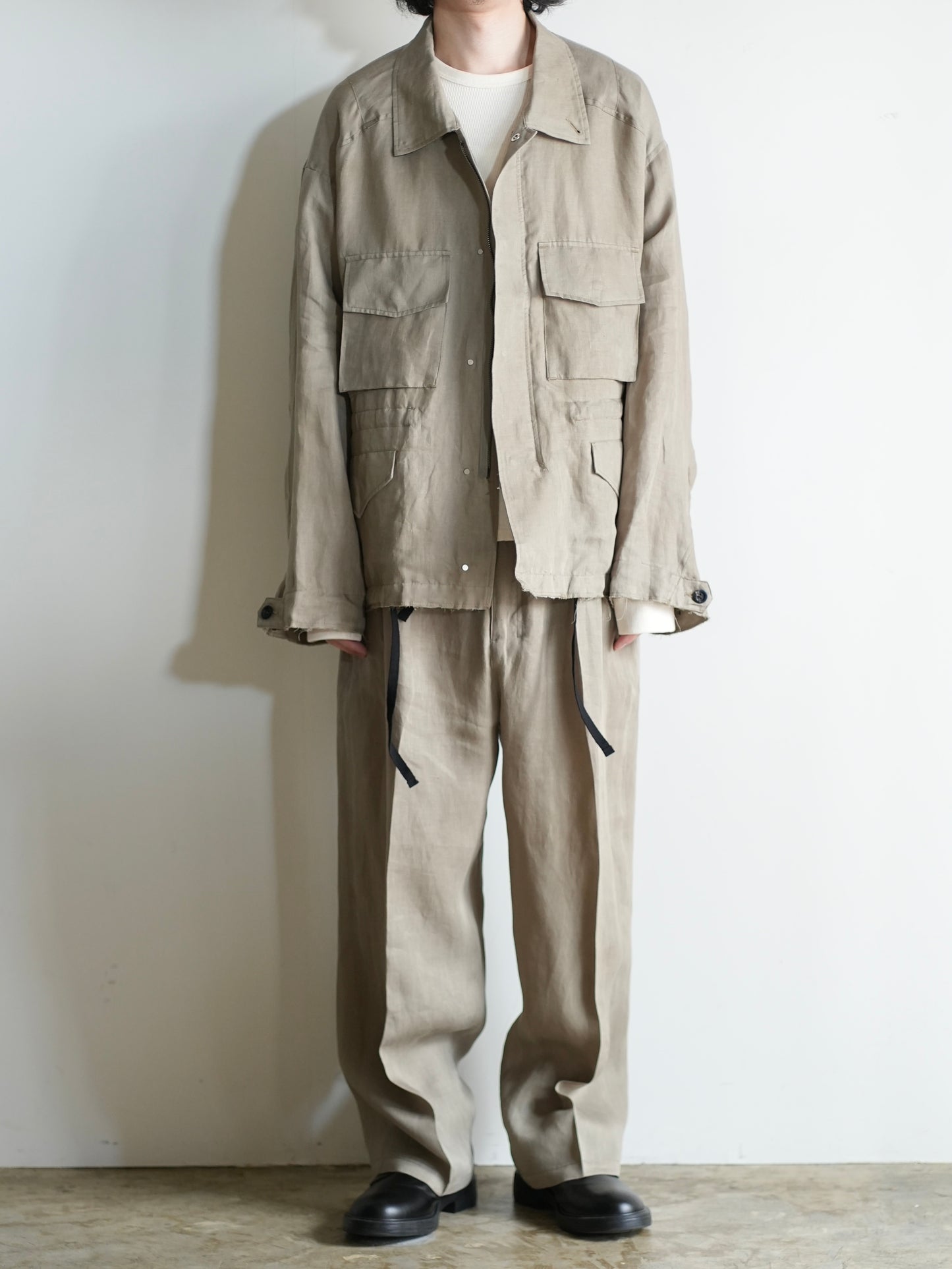 100/S LINEN TUCK SLACKS(KHAKIBEIGE)