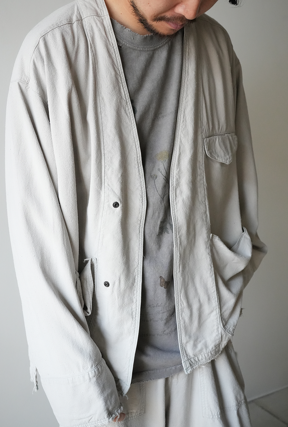 SILK SUEDE COLLARLESS JACKET(BLUEGRAY)