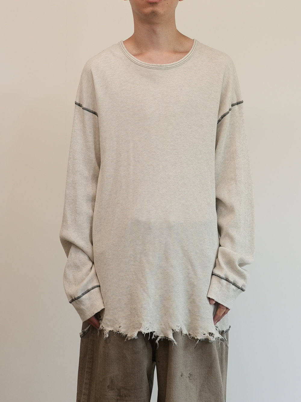 DAMAGE WAFFLE CREW LS T-SHIRT(BEIGE)