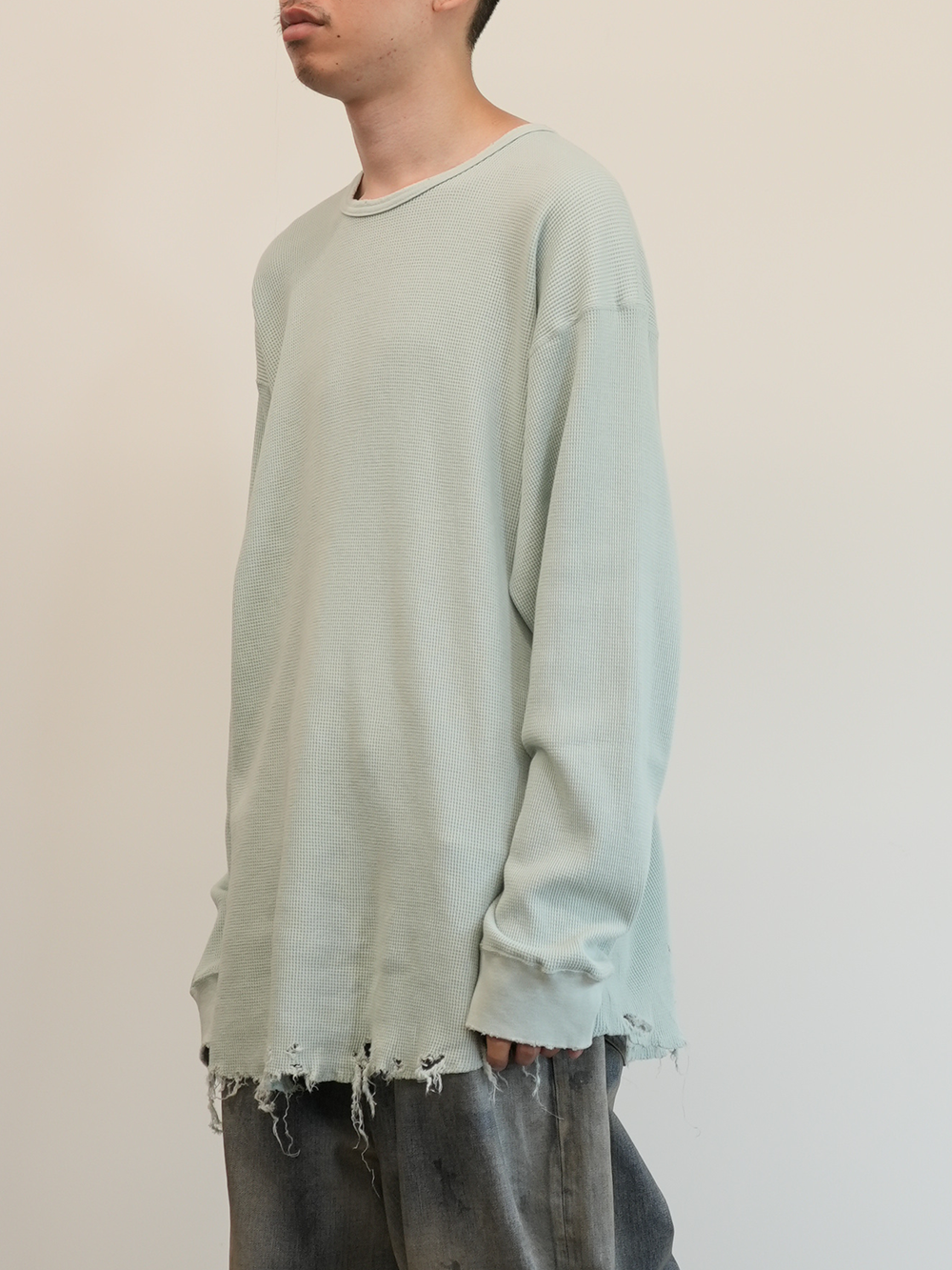 DAMAGE WAFFLE CREW LS T-SHIRT(SAX) DAMAGE WAFFLE CREW LS T-SHIRT(SAX)