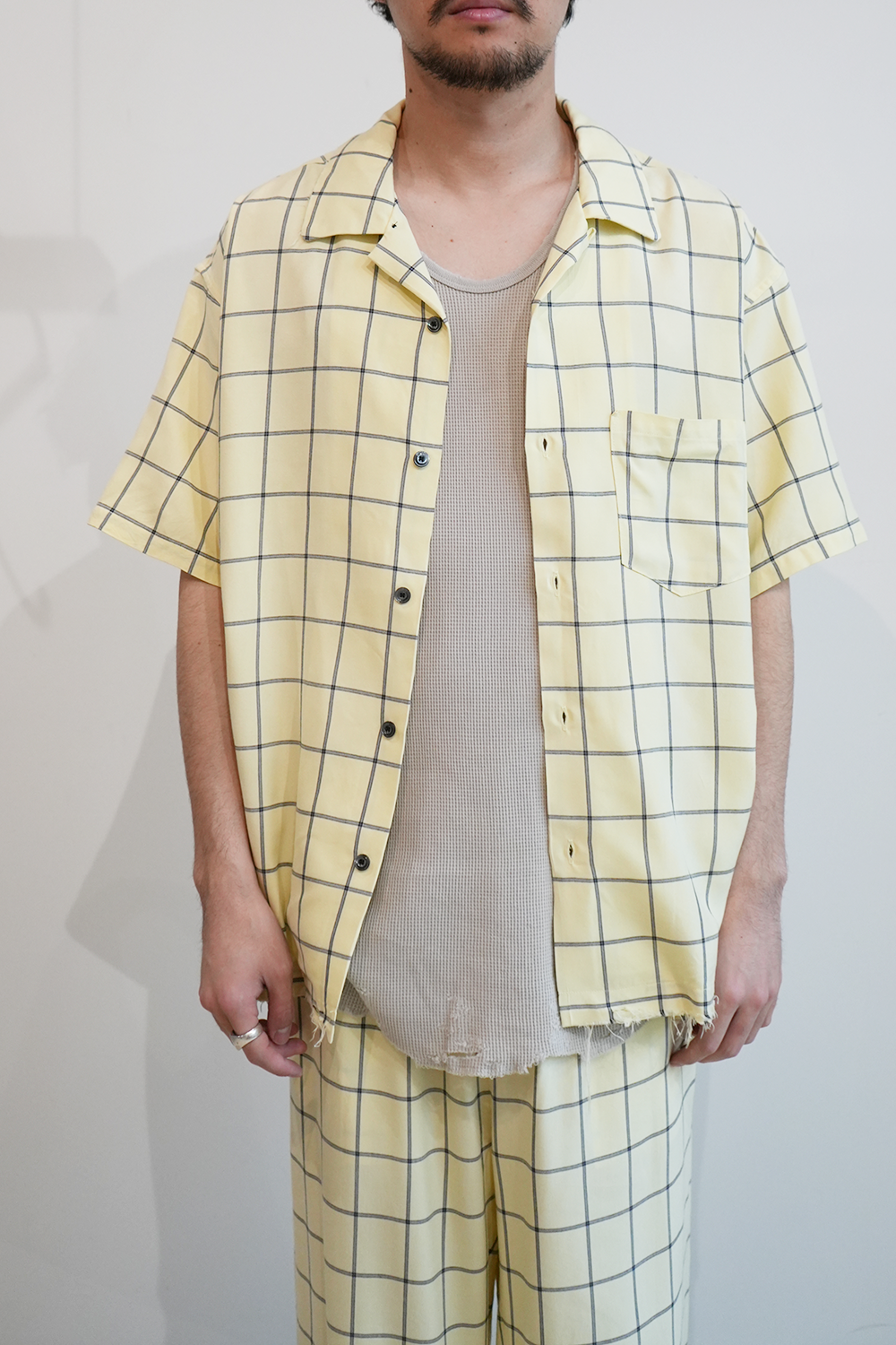 RAYON CHECK OPEN COLLAR SS SHIRT(CREAM)