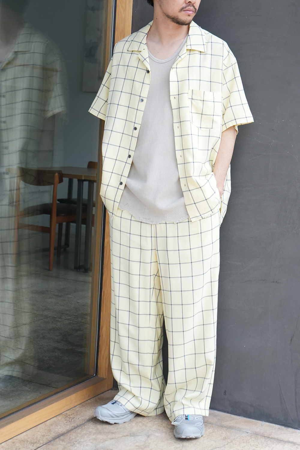 RAYON CHECK OPEN COLLAR SS SHIRT(CREAM)