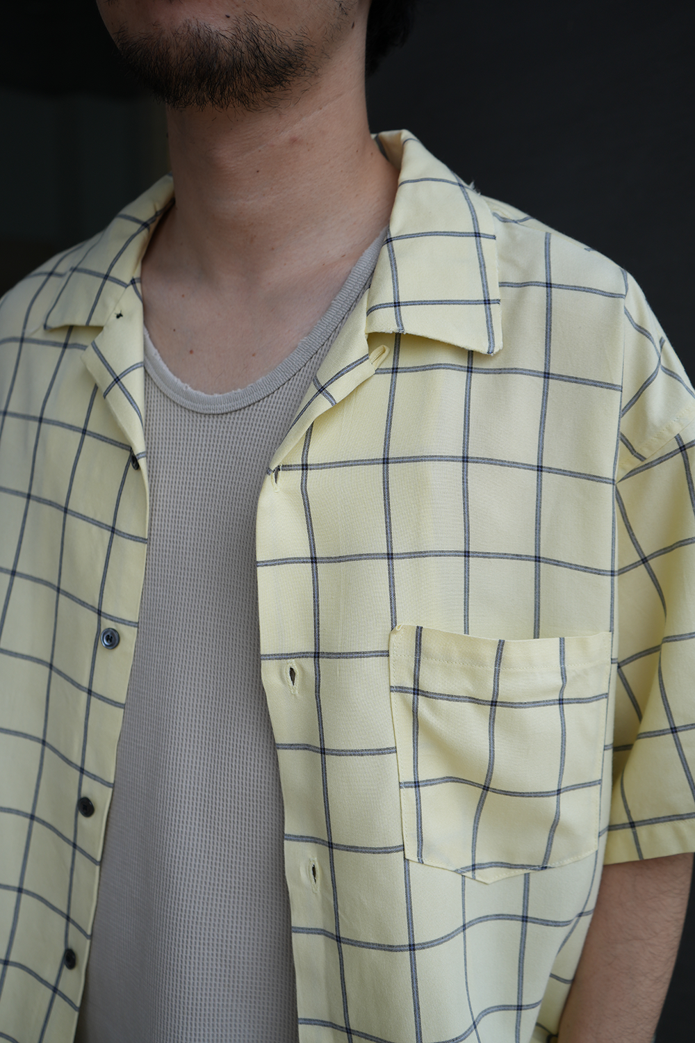 RAYON CHECK OPEN COLLAR SS SHIRT(CREAM)