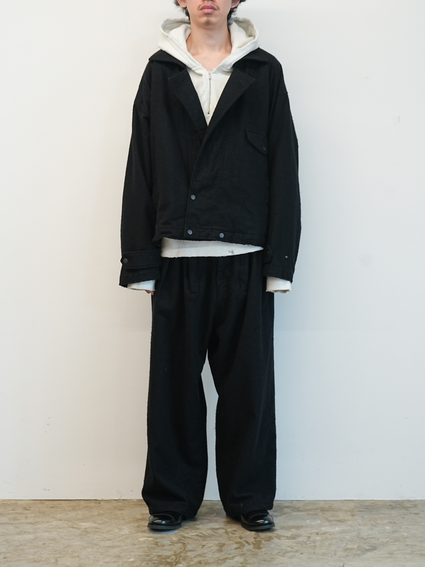 WOOL BELTED WIDE SLACKS(BLACK)
