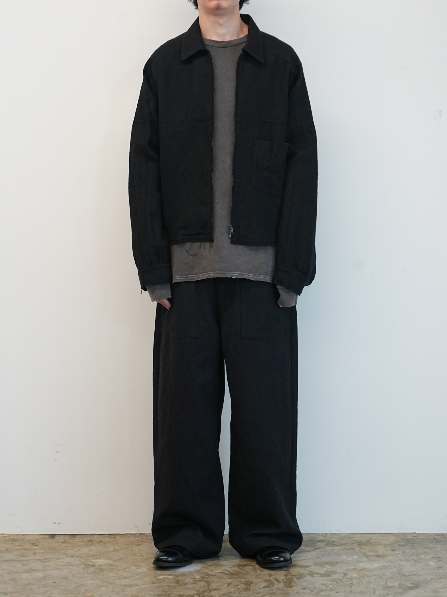 SHRINK WOOL SHORT ZIPUP SHIRT JACKET(BLACK)