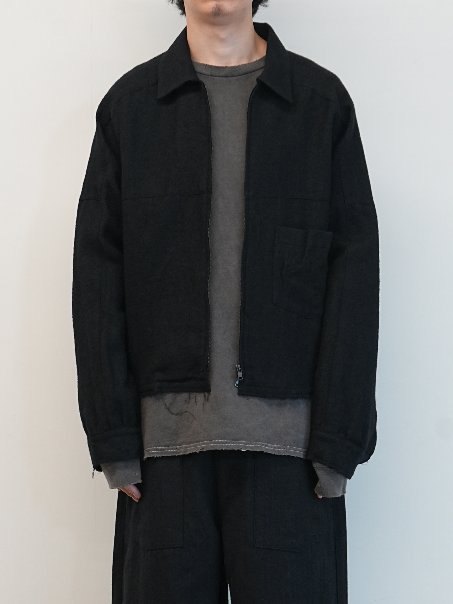 SHRINK WOOL SHORT ZIPUP SHIRT JACKET(BLACK)