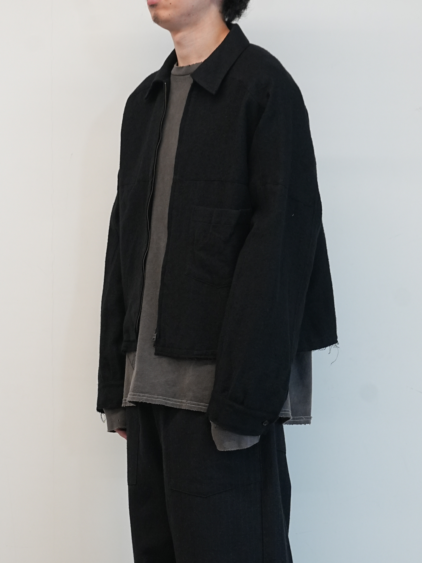 SHRINK WOOL SHORT ZIPUP SHIRT JACKET(BLACK)