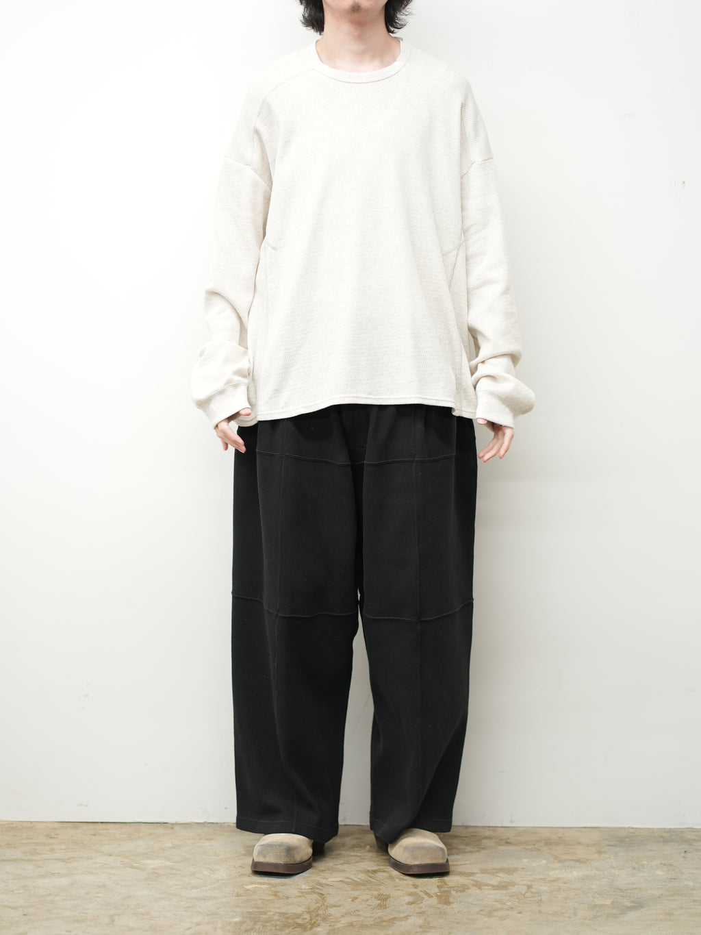 WAFFLE CREW NECK LS(HEATHER WHITE)