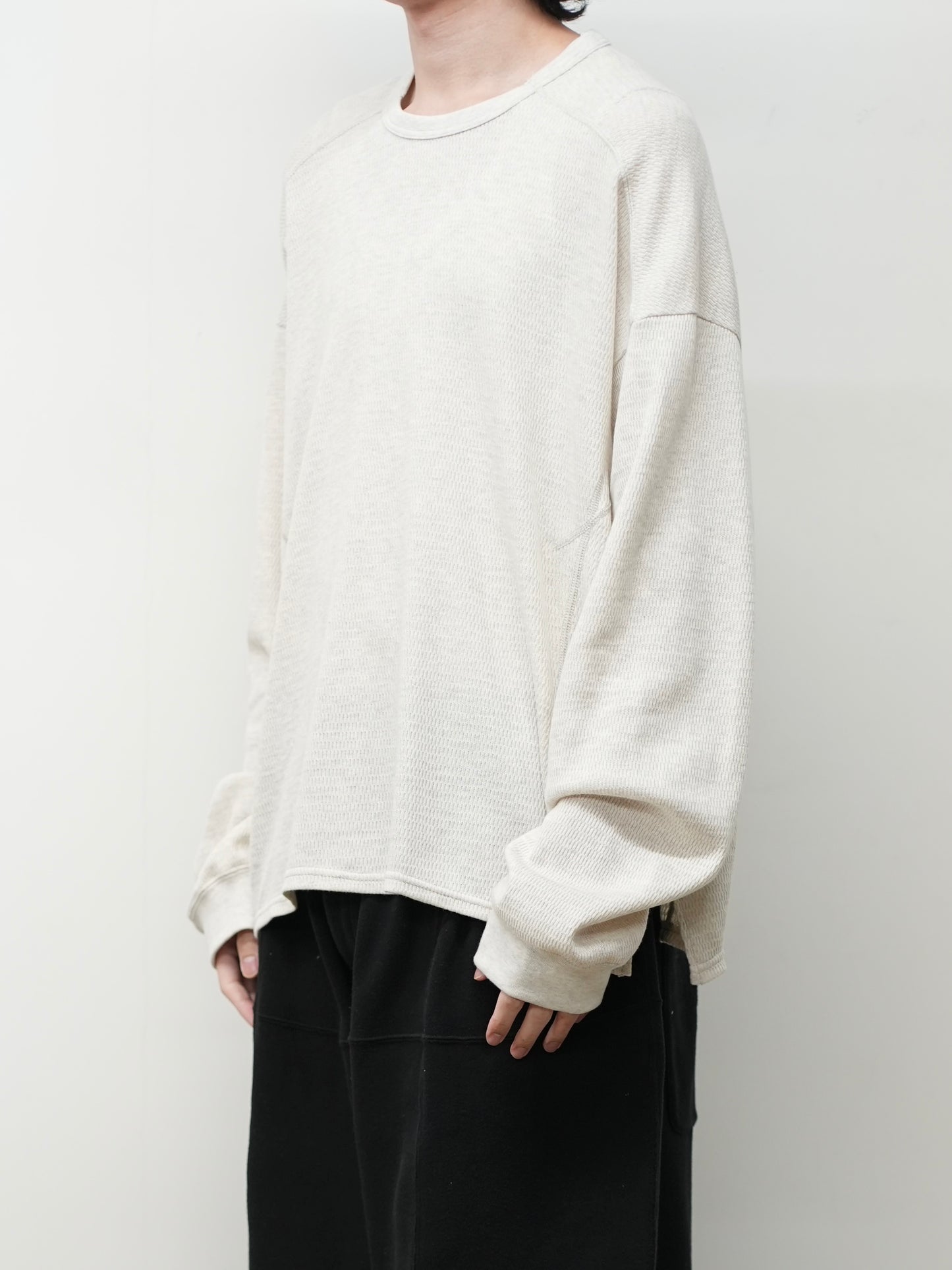 WAFFLE CREW NECK LS(HEATHER WHITE)