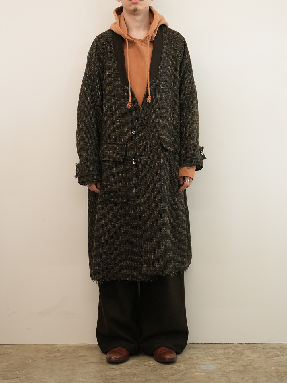 TWEED COLLARLESS COAT(BROWN)