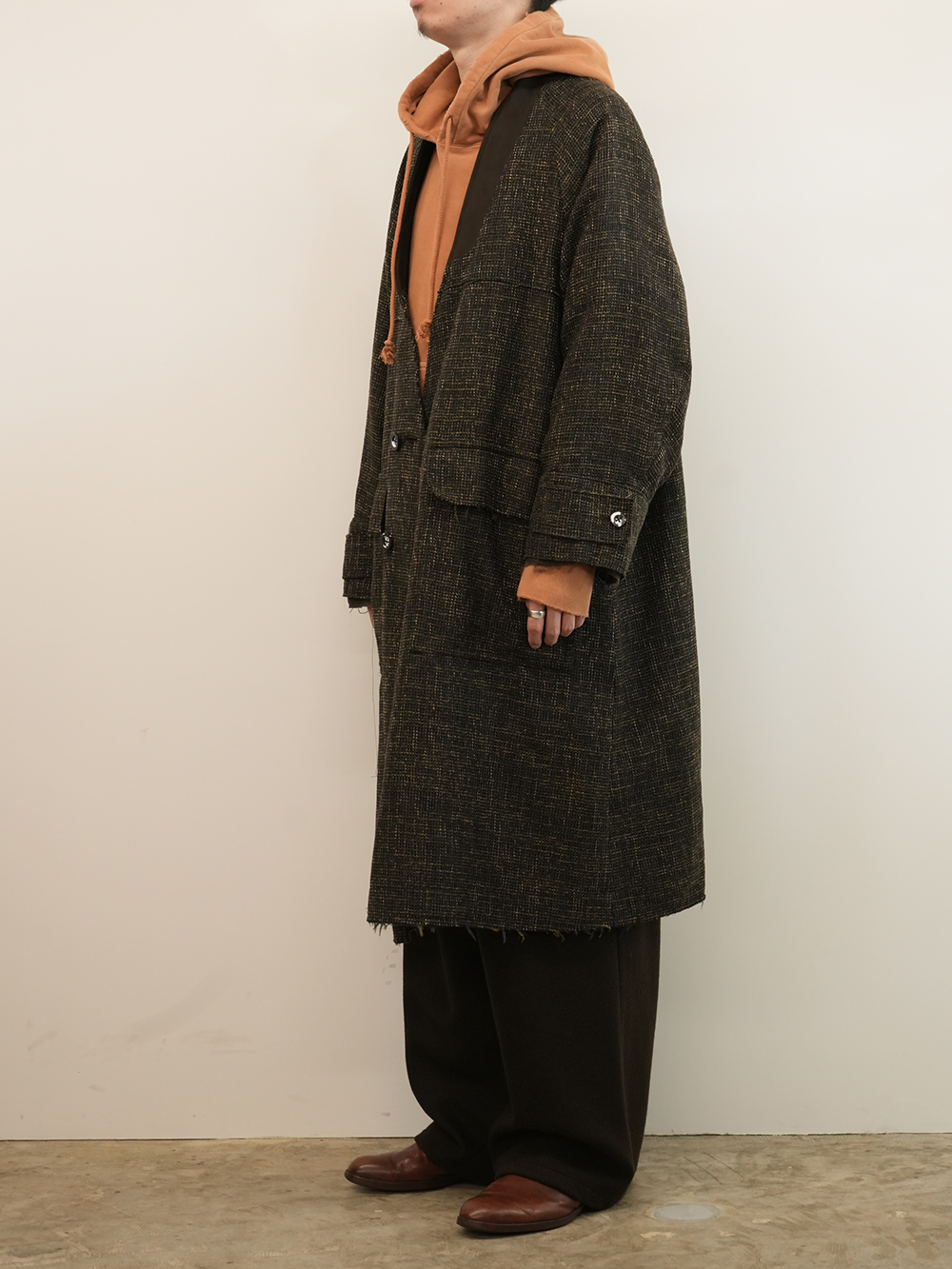 TWEED COLLARLESS COAT(BROWN)