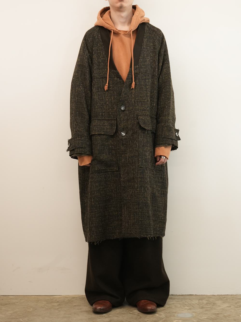 TWEED COLLARLESS COAT(BROWN)