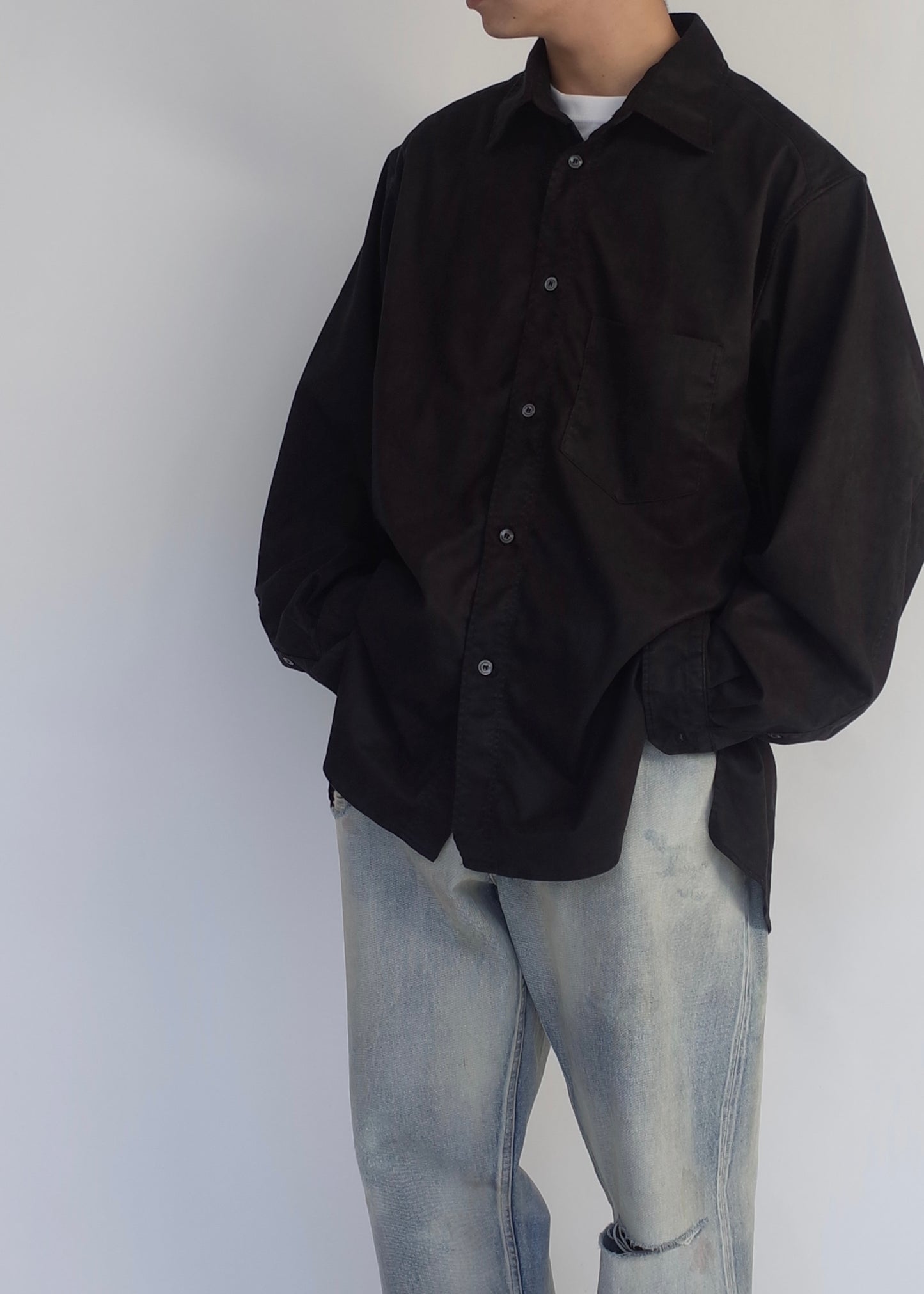 FAKE SUEDE OVER SIZE LS SHIRT(BLACK)