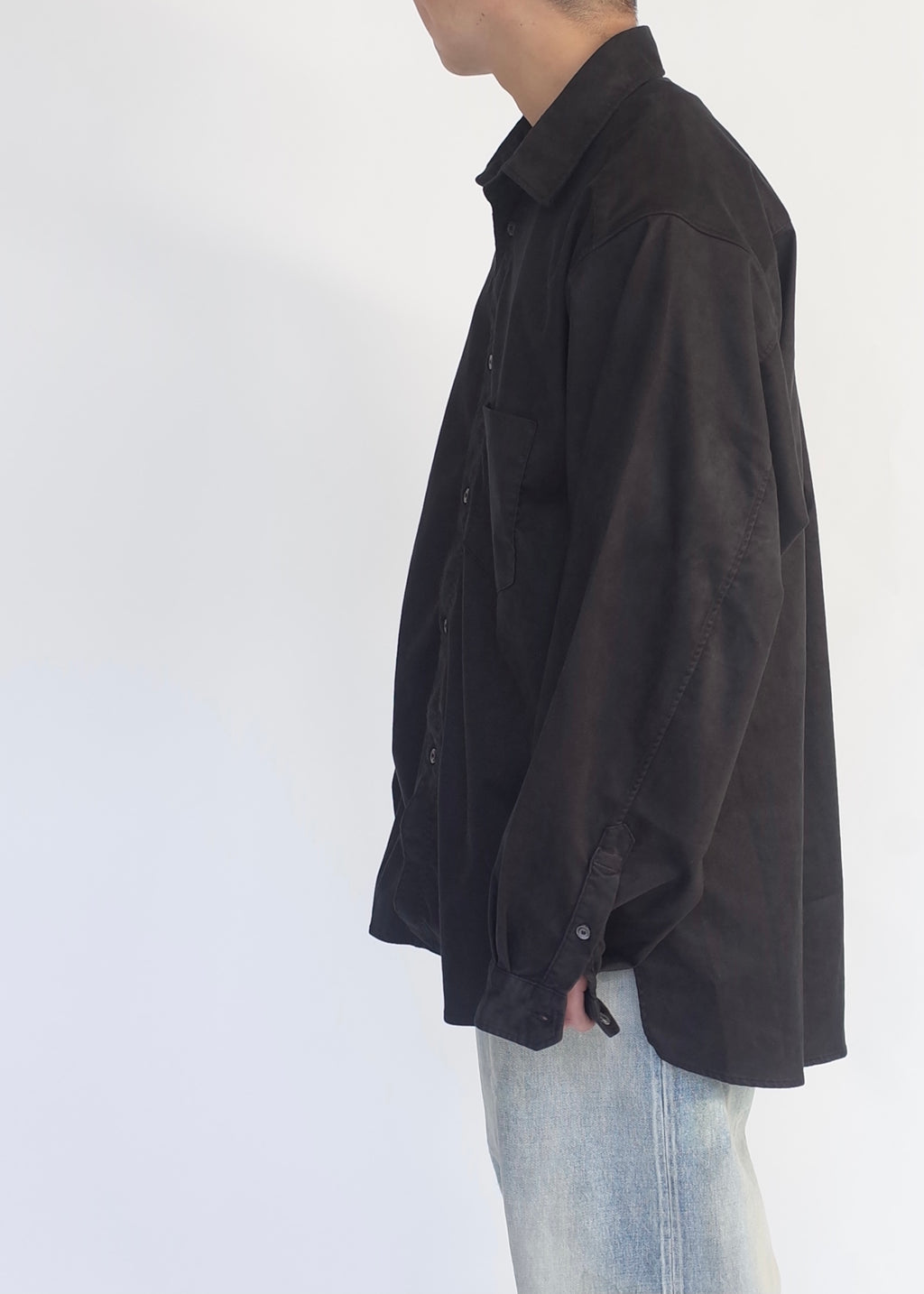 FAKE SUEDE OVER SIZE LS SHIRT(BLACK)