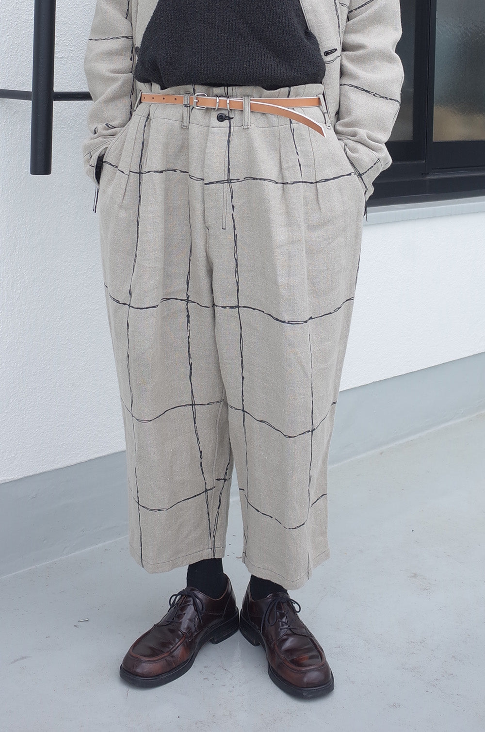 DRAWING CHECK LINEN WIDE PANTS