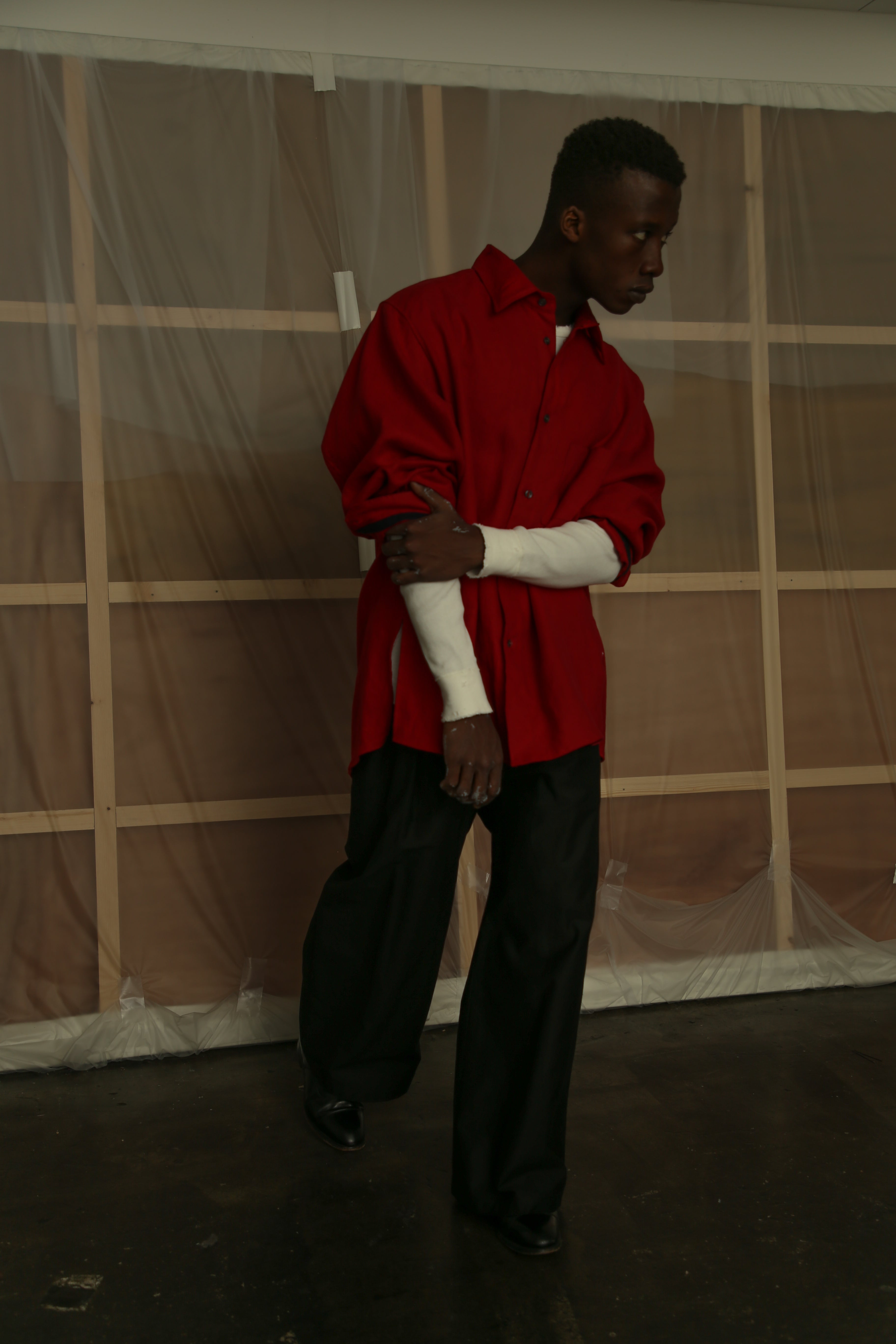 LINENSUEDE OVERSIZED LS SHIRT(RED) – ANCELLM